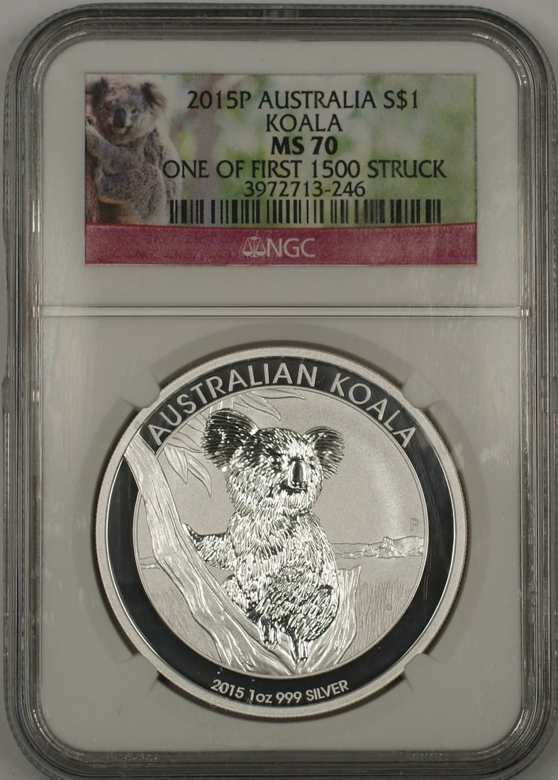 NGC MS-70 2015 Australia Koala Silver Dollar First 1500 Struck: NGC MS-70 2015 Australia Koala Silver Dollar First 1500 Struck This 2015P Australia Koala Silver Dollar coin is one of the first 1,500 struck and has been certified by NGC with a perfect MS-70 grade. 