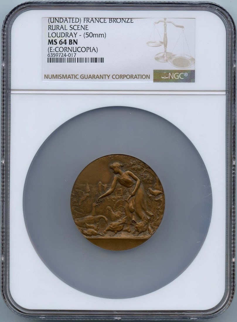 50mm Loudray Rural Scene Bronze Medal France NGC MS64BN Certified: 50mm Loudray Rural Scene Bronze Medal France NGC MS64BN Certified This France bronze medal features a rural scene and was designed by Loudray. The medal measures 50mm in diameter and has been graded M