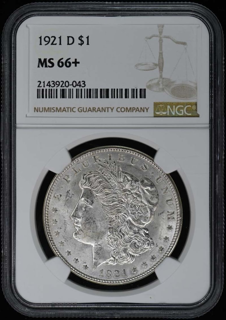 1921-D Morgan Dollar NGC MS66+ Uncirculated Denver Mint: 1921-D Morgan Dollar NGC MS66+ Uncirculated Denver Mint This 1921-D Morgan Dollar, certified by NGC with a remarkable grade of MS66+, is a stunning example of uncirculated condition. Minted in Denver,