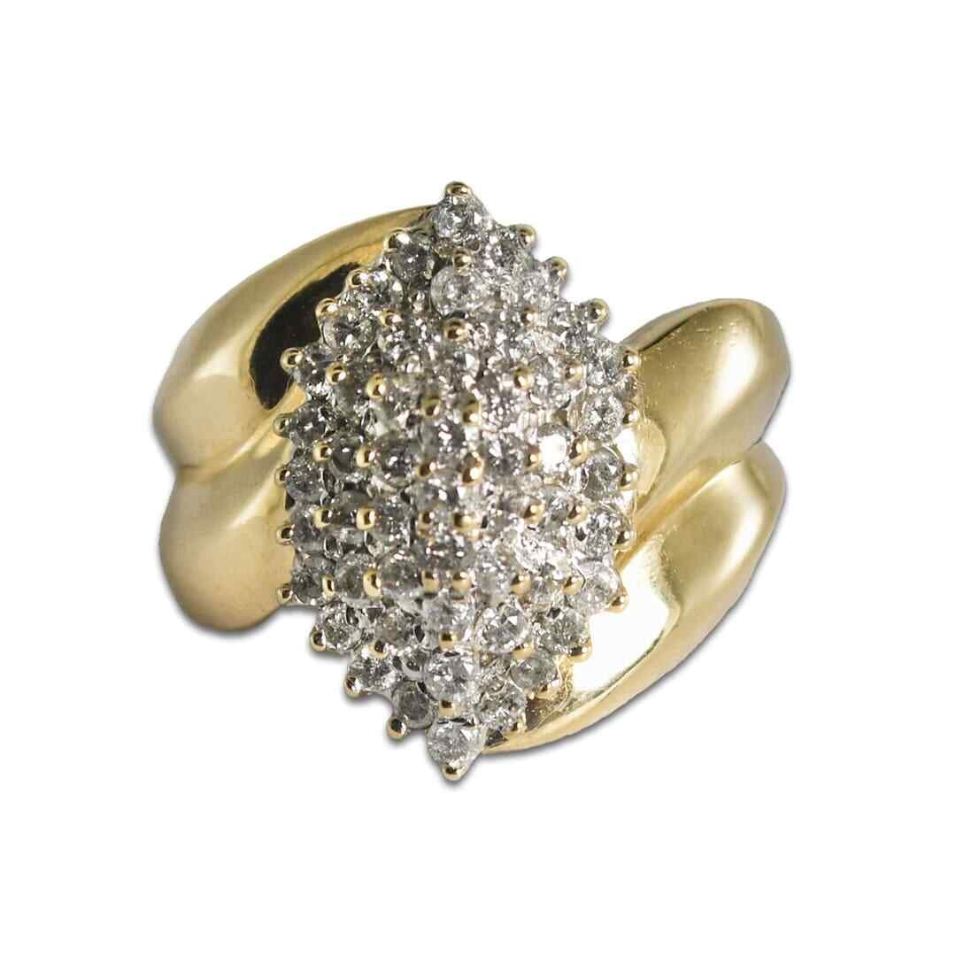 10K Two Tone Diamond Cluster Ring 59 Stones Size 7: 10K Two Tone Diamond Cluster Ring 59 Stones Size 7 This elegant cluster ring is crafted from 10 karat yellow and white gold, featuring a two-tone design. The ring showcases a total of fifty-nine small
