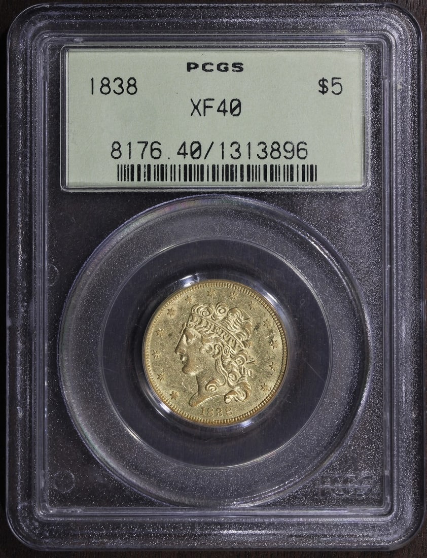 1838 $5 Classic Head Gold Half Eagle PCGS XF40 OGH: 1838 $5 Classic Head Gold Half Eagle PCGS XF40 OGH 1838 Classic Head Half Eagle $5 coin graded XF40 by PCGS in an OGH holder. This pre-1933 United States gold coin is listed as pre-owned and identifie