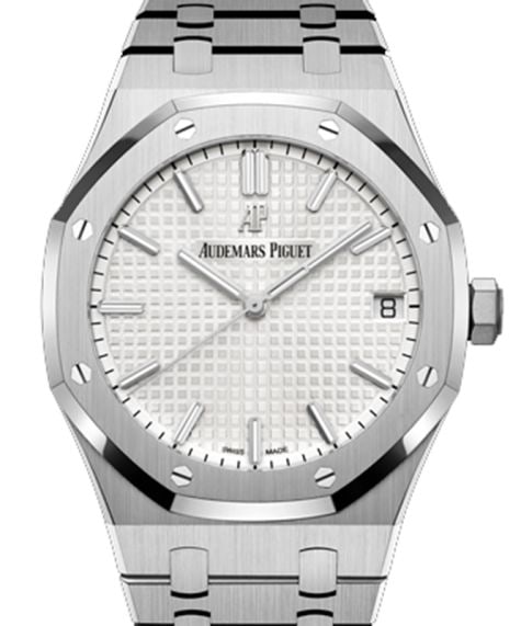 Audemars Piguet Royal Oak 15500ST White Dial Bracelet with Card: Audemars Piguet Royal Oak 15500ST White Dial Bracelet with Card This Audemars Piguet Royal Oak watch features a white dial and is presented on a matching bracelet. The timepiece is identified by refer