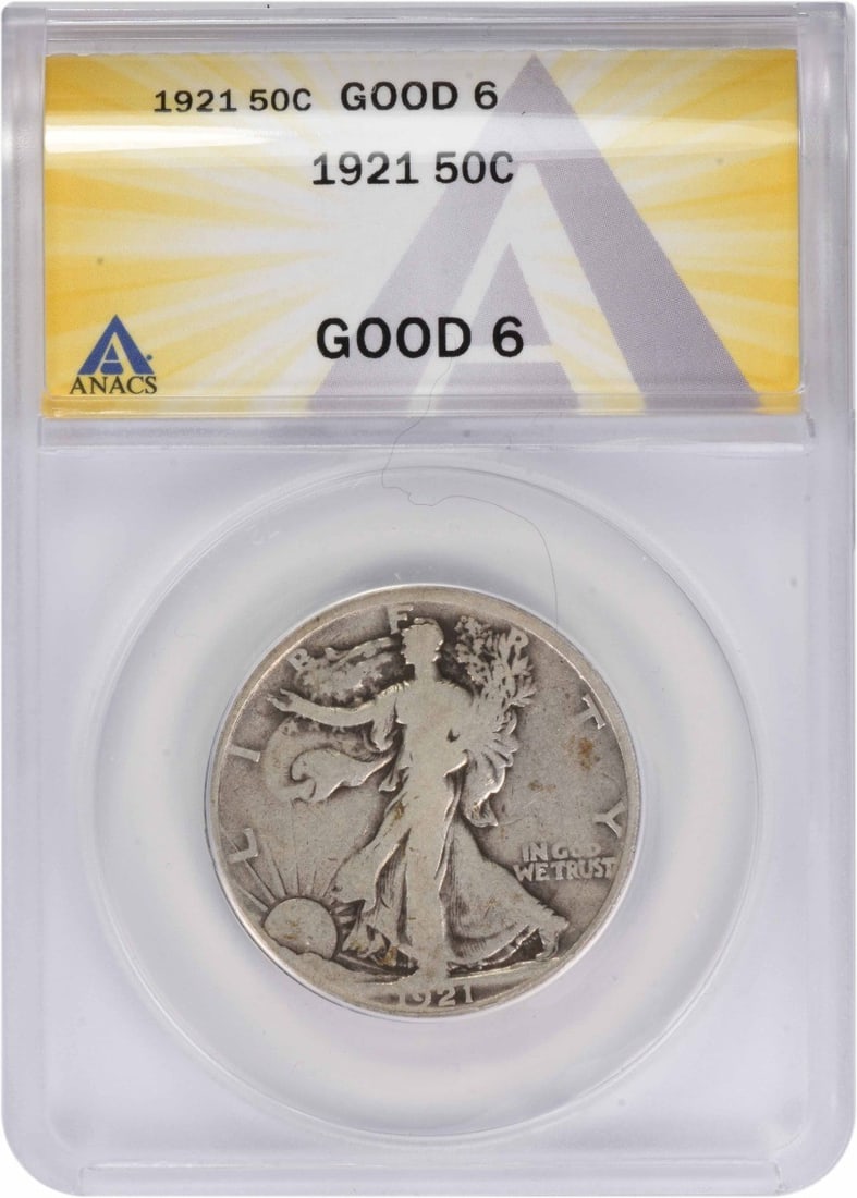 1921 Liberty Walking Half Dollar ANACS Graded G 90 Percent Silver Coin: 1921 Liberty Walking Half Dollar ANACS Graded G 90 Percent Silver Coin This 1921 Walking Liberty Half Dollar is certified by ANACS with a grade of G06. Struck in Philadelphia without a mint mark, this