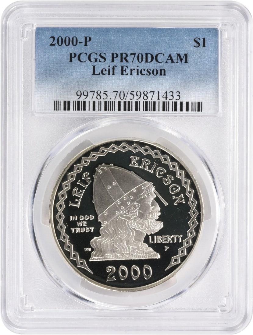 Leif Ericson 2000-P Silver Proof Dollar PCGS PR70DCAM: Leif Ericson 2000-P Silver Proof Dollar PCGS PR70DCAM This is a 2000-P Leif Ericson Silver Commemorative Dollar, issued by the United States to honor the historic explorer Leif Ericson. The coin is co
