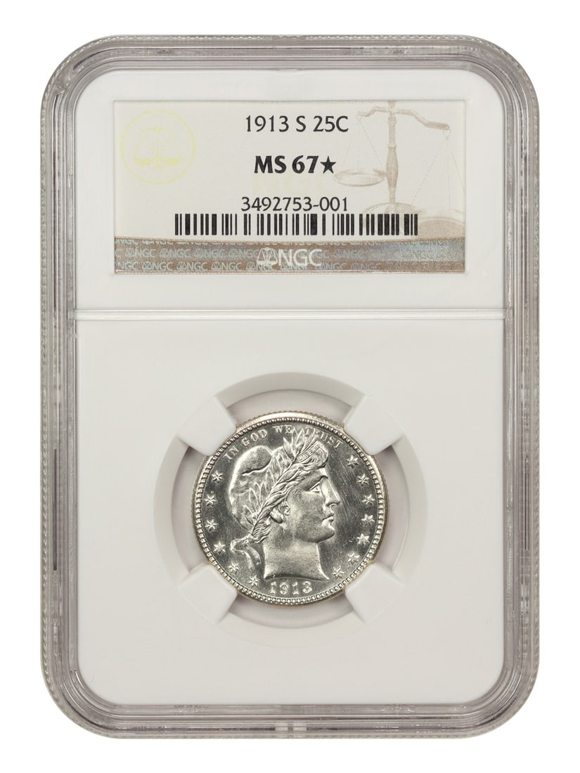 1913-S Barber Quarter NGC MS67 Star Exceptional Eye Appeal: 1913-S Barber Quarter NGC MS67 Star Exceptional Eye Appeal This 1913-S Barber Quarter is a remarkable piece, certified by NGC with a grade of MS67 *Star*, reflecting its exceptional quality. Struck in
