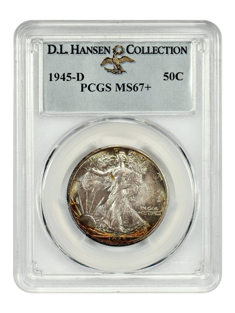 Walking Liberty Half Dollar 1945-D PCGS MS67+ ex D.L. Hansen: Walking Liberty Half Dollar 1945-D PCGS MS67+ ex D.L. Hansen This 1945-D Walking Liberty Half Dollar is certified by PCGS as MS67+ and is an uncirculated Denver issue. It is a superb example with rema