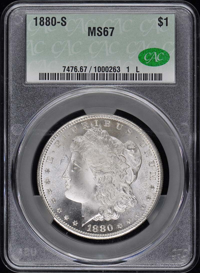 1880-S Morgan Dollar CACG MS67 Uncirculated San Francisco: 1880-S Morgan Dollar CACG MS67 Uncirculated San Francisco This 1880-S Morgan Dollar is a stunning piece graded MS67 by CACG, indicating its exceptional uncirculated condition. Minted in San Francisco,