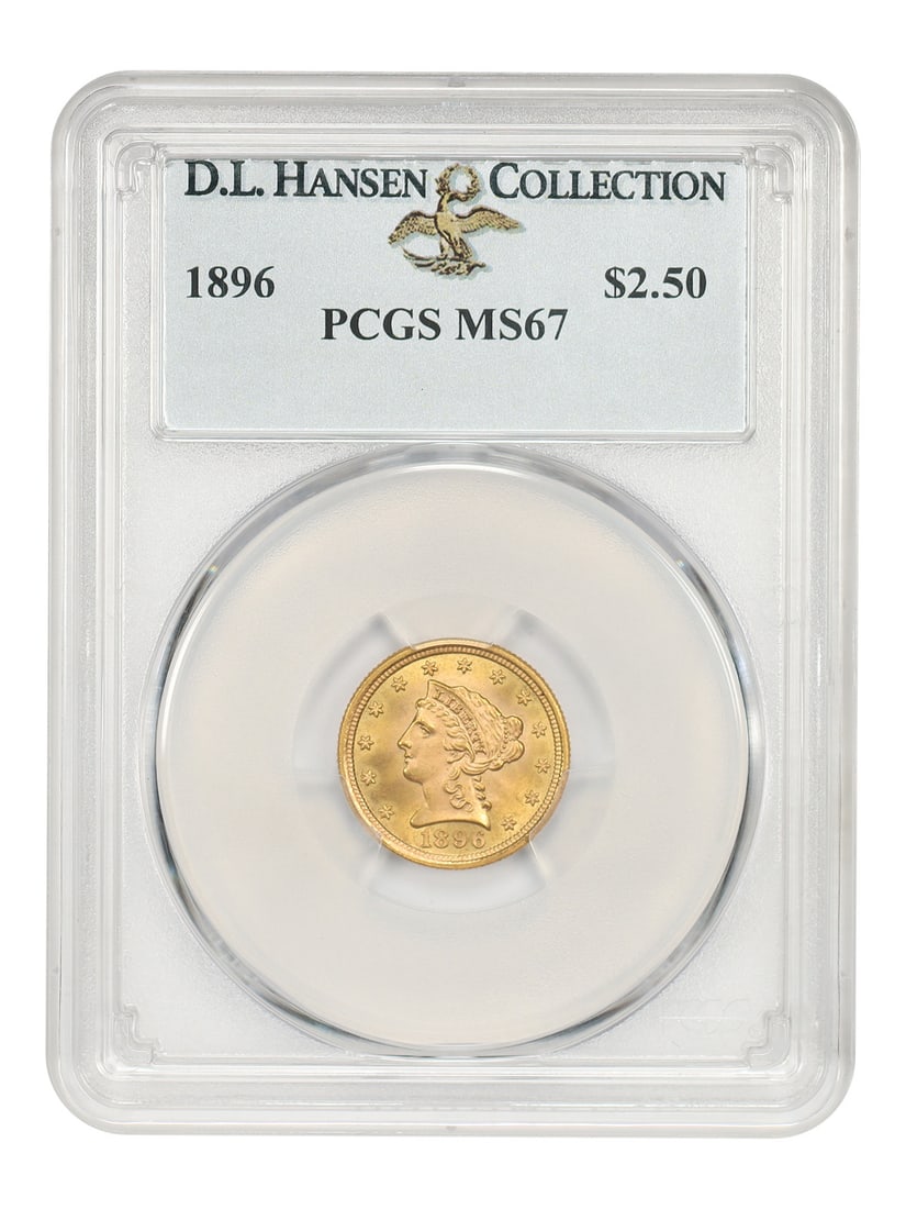PCGS MS67 1896 Liberty Head $2.50 Gold Coin ex D.L. Hansen: PCGS MS67 1896 Liberty Head $2.50 Gold Coin ex D.L. Hansen 1896 Liberty Head $2.50 coin certified by PCGS and graded MS67. Minted in Philadelphia, this uncirculated example is from a mintage of just o