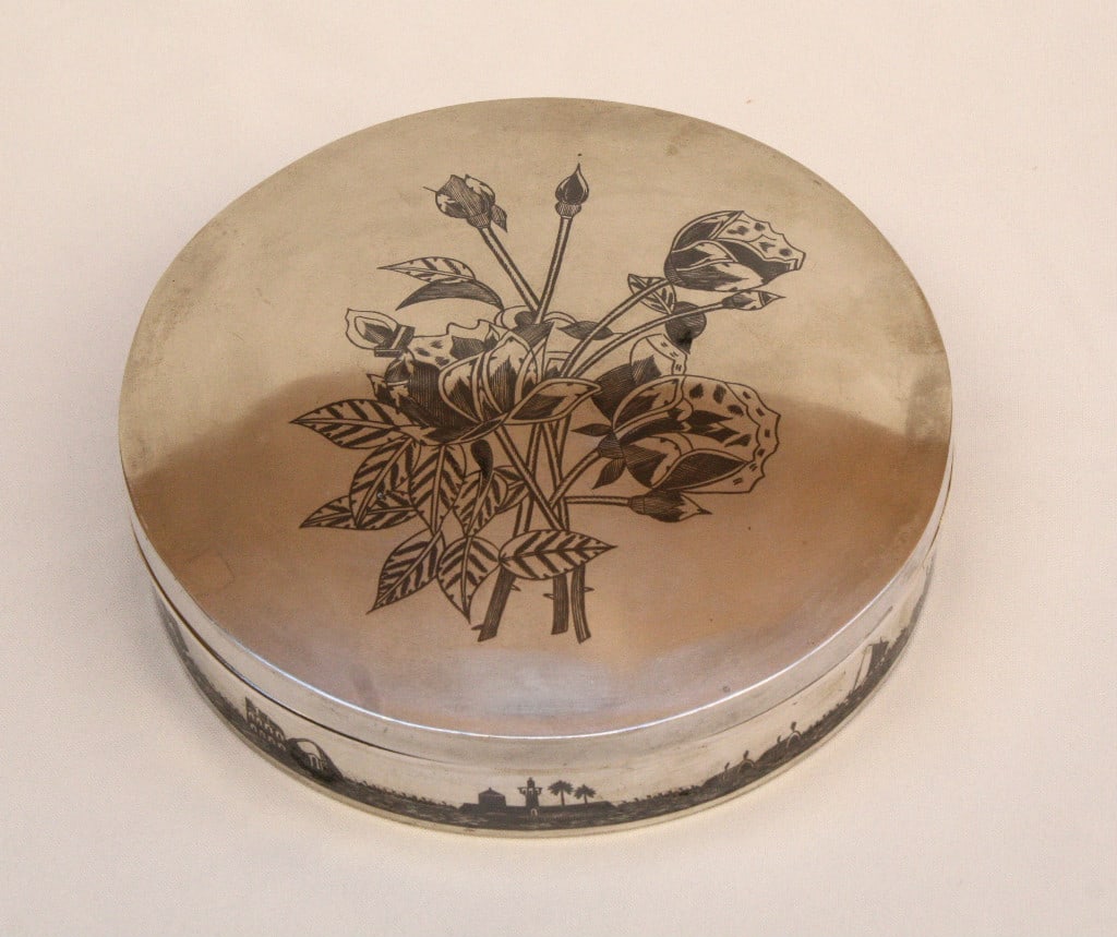 1920 Siagalam 84 Proof Silver Hand Painted Box 7.25 Inch: 1920 Siagalam 84 Proof Silver Hand Painted Box 7.25 Inch Discover this exquisite 1920 Siagalam box, crafted from 84 proof silver. This remarkable piece features intricate hand-painted detailing and a 