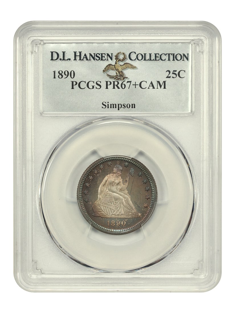 1890 Liberty Seated Quarter PR67+CAM PCGS 25C Rare Proof Coin: 1890 Liberty Seated Quarter PR67+CAM PCGS 25C Rare Proof Coin This 1890 Liberty Seated Quarter, certified by PCGS as PR67+CAM, is a stunning example of numismatic artistry. With a low mintage of just 