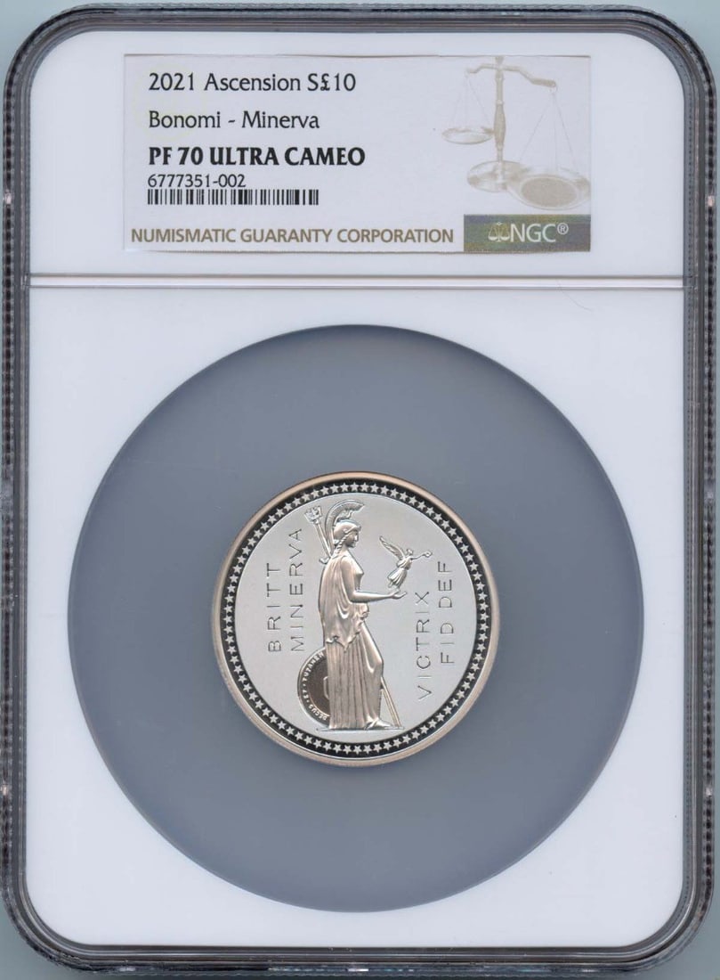 NGC PR70 Minerva S10PND Proof Coin 2021 Ascension Bonomi: NGC PR70 Minerva S10PND Proof Coin 2021 Ascension Bonomi This is a 2021 Ascension Bonomi Minerva S10PND coin certified by NGC with a PR70DCAM grade. The coin is uncirculated and is in pre-owned condit