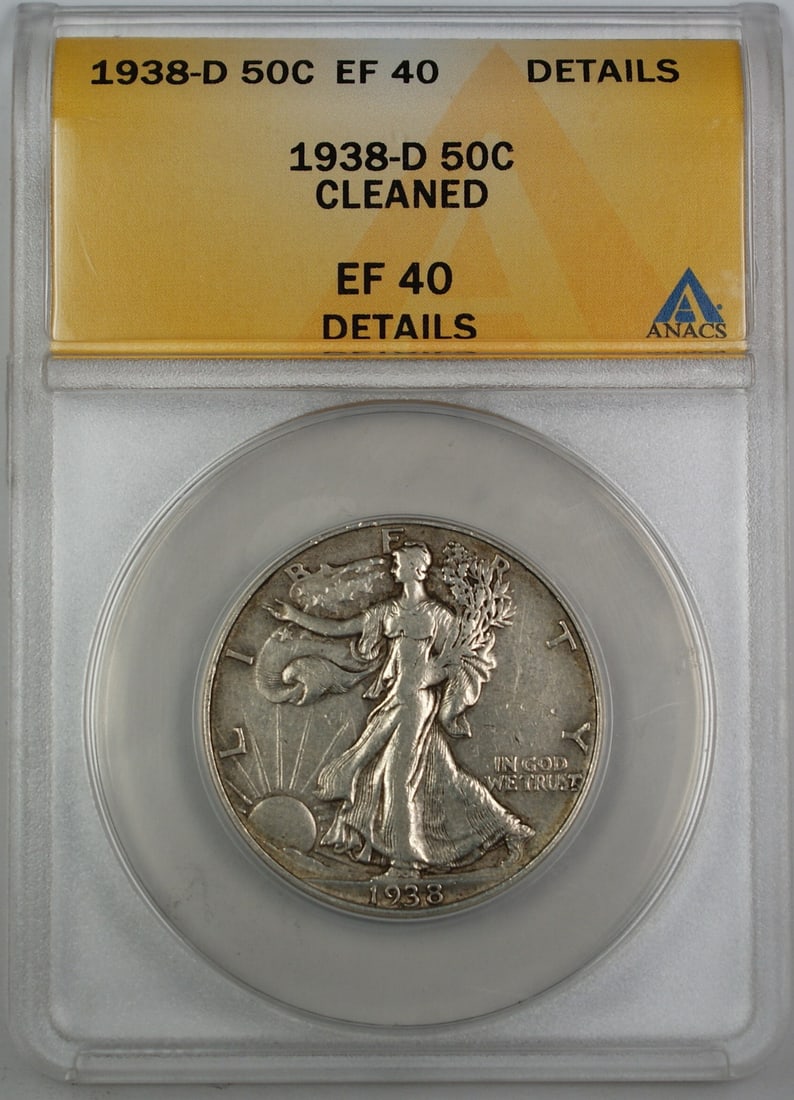 1938-D Liberty Walking Half Dollar Silver Coin ANACS EF-40 Cleaned: 1938-D Liberty Walking Half Dollar Silver Coin ANACS EF-40 Cleaned This 1938-D Walking Liberty Silver Half Dollar was minted in Denver and is composed of 90% silver. The coin has been certified by ANA
