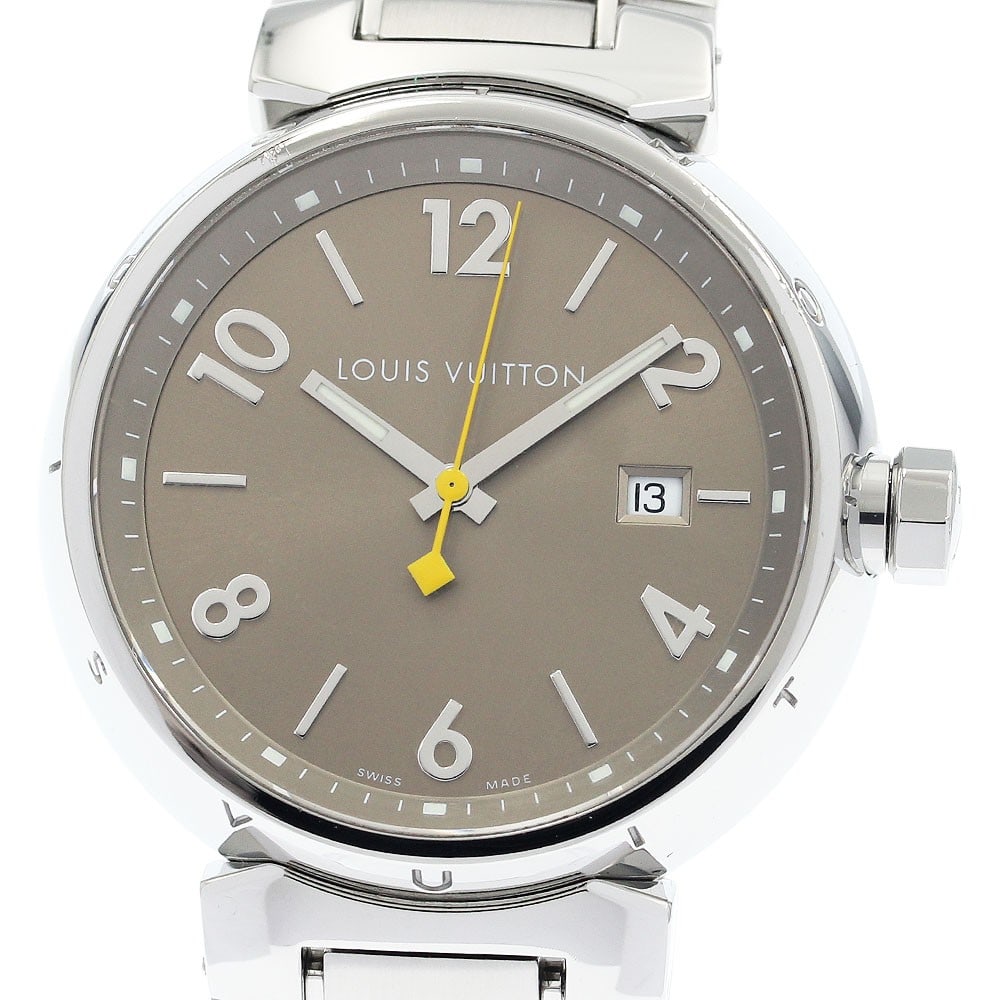 Louis Vuitton Tambour Q1112 quartz date stainless steel men's wristwatch: Louis Vuitton Tambour Q1112 quartz date stainless steel men's wristwatch This Louis Vuitton Tambour Date Quartz Men's Watch features a stainless steel case and bracelet with a brown dial. The watch is