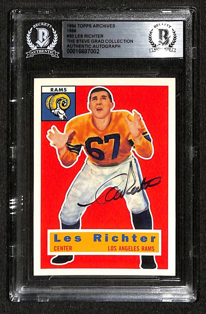 Les Richter Signed 1994 Topps Archives 1956 #30 Card Beckett Authenticated: Les Richter Signed 1994 Topps Archives 1956 #30 Card Beckett Authenticated This is an original 1994 Topps Archives 1956 sports trading card featuring the legendary Los Angeles Rams center, Les Richter