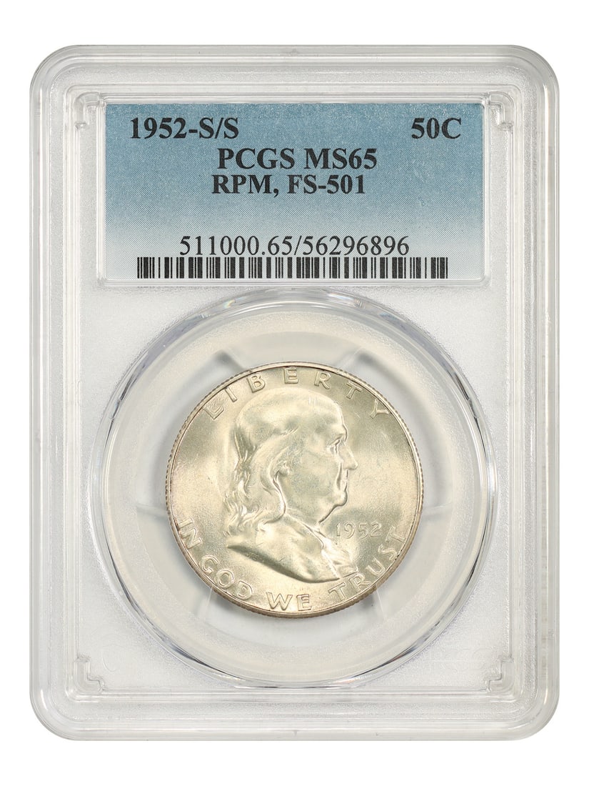 Franklin Half Dollar 1952 50C PCGS MS65 FS-501 RPM: Franklin Half Dollar 1952 50C PCGS MS65 FS-501 RPM 1952-S/S Franklin Half Dollar, 50C denomination, certified by PCGS and graded MS65. The coin is identified as RPM, FS-501, with certification number 