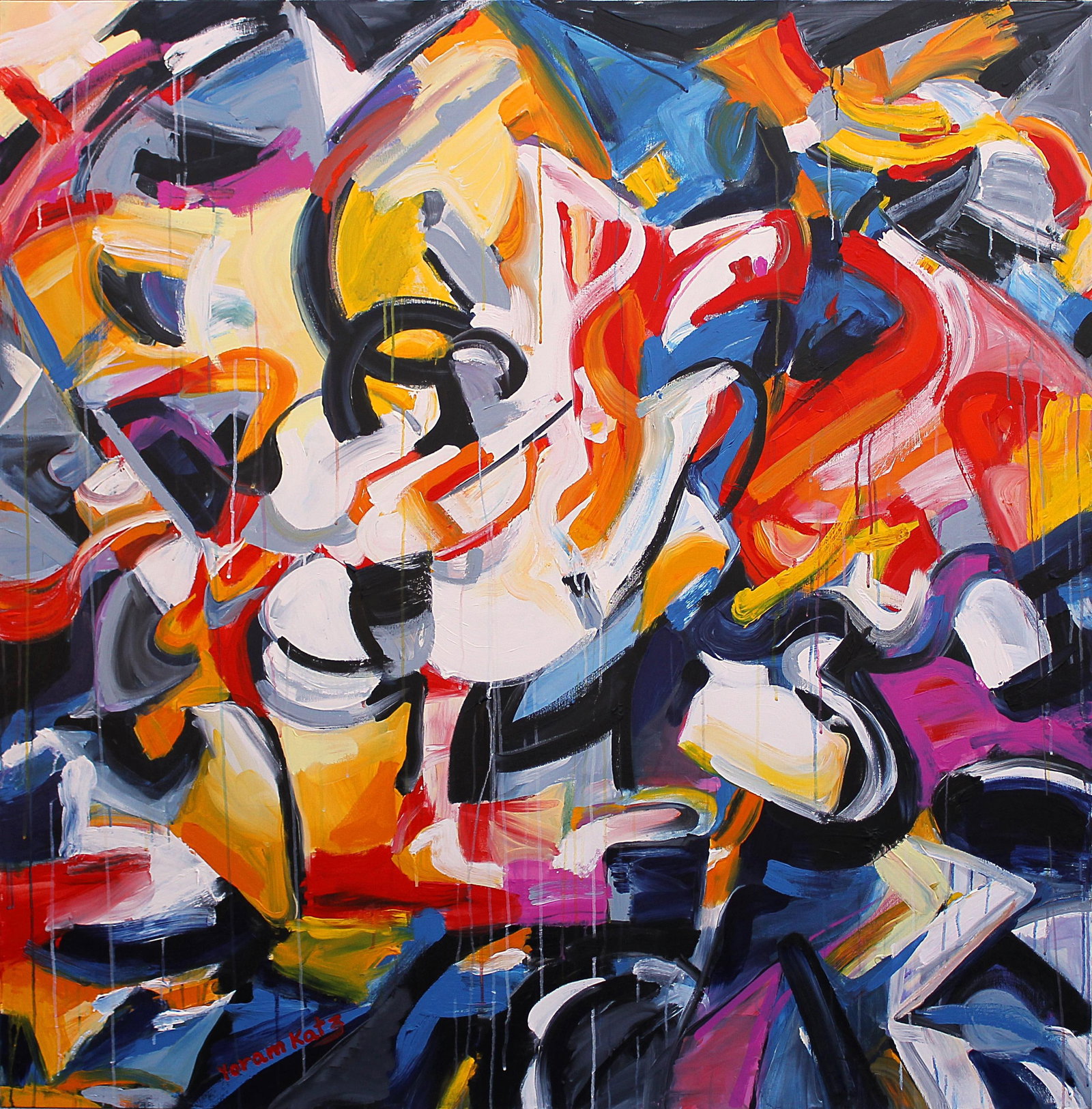 Yoram Katz 1993 Abstract Painting Mr Happenings 48x48 Canvas Acrylic: Yoram Katz 1993 Abstract Painting Mr Happenings 48x48 Canvas Acrylic "Mr. Happenings" is a striking abstract painting created by Yoram Katz in 1993. This impressive piece measures 48 x 48 inches, craf
