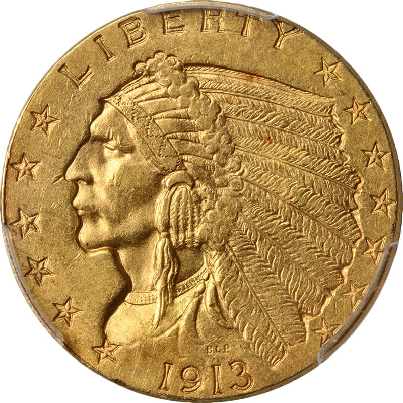 1913 Indian Head $2.50 Gold PCGS MS61: 1913 Indian Head $2.50 Gold PCGS MS61 This 1913 Indian Gold $2.50 coin is graded MS61 by PCGS, indicating it is in uncirculated condition. The coin features attractive eye appeal, strong luster, and a