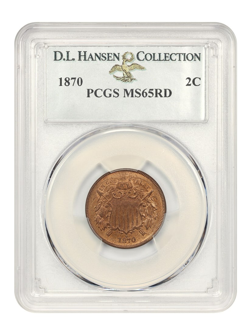 PCGS MS65RD 1870 2C Two Cent Coin ex D.L. Hansen: PCGS MS65RD 1870 2C Two Cent Coin ex D.L. Hansen 1870 Two Cent coin certified by PCGS and graded MS65RD. It is an uncirculated Philadelphia issue with certification number 05106559. The coin is descri