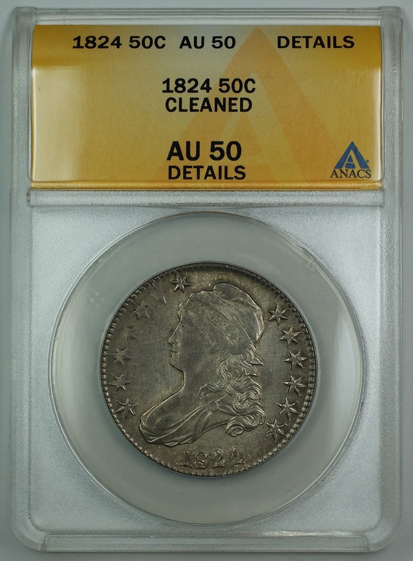 ANACS AU-50 1824 Silver Capped Bust Half Dollar Philadelphia Cleaned: ANACS AU-50 1824 Silver Capped Bust Half Dollar Philadelphia Cleaned This is an 1824 Capped Bust Half Dollar 50 cent coin, certified by ANACS with a grade of AU-50 Details and noted as cleaned. The co