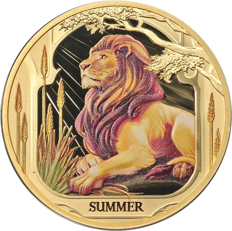 Niue 2025 $100 Gold 1 Ounce Coin Seasons Summer Lion with OGP COA: Niue 2025 $100 Gold 1 Ounce Coin Seasons Summer Lion with OGP COA 2025 Niue 1 Ounce Gold $100 Seasons Summer Lion coin with OGP and COA. It is described as uncirculated, uncertified, and pre-owned, wi