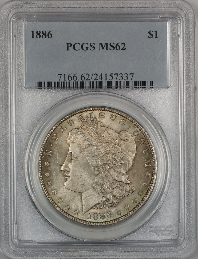PCGS MS62 1886 Philadelphia Silver Dollar Morgan Uncirculated: PCGS MS62 1886 Philadelphia Silver Dollar Morgan Uncirculated This is an 1886 Morgan Silver Dollar graded MS-62 by PCGS. The coin is uncirculated and was minted in Philadelphia. It is composed of silv