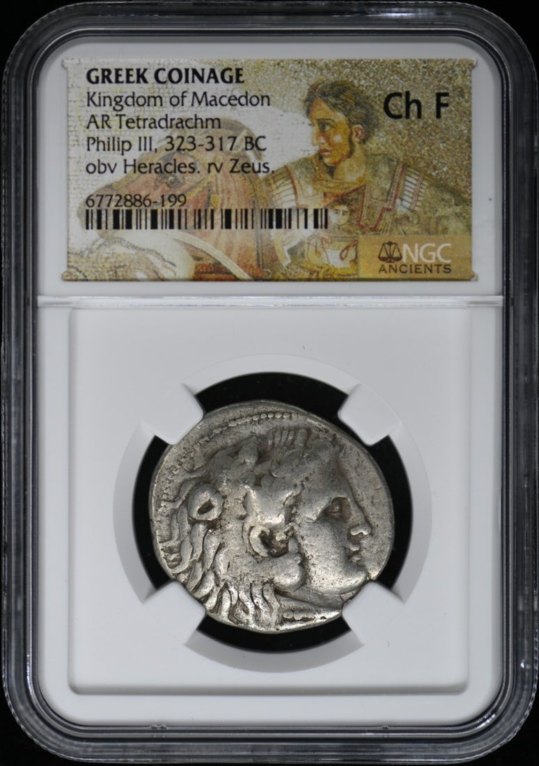 NGC F15 Macedon Silver Tetradrachm Ancient Greek Coinage: NGC F15 Macedon Silver Tetradrachm Ancient Greek Coinage This is an ancient Greek AR Tetradrachm coin from the Kingdom of Macedon, certified and graded F15 by NGC. The coin is pre-owned and features c