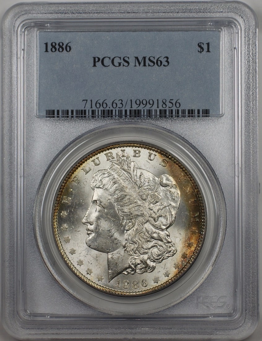 PCGS MS63 1886 Morgan Silver Dollar Philadelphia Mint: PCGS MS63 1886 Morgan Silver Dollar Philadelphia Mint This 1886 Morgan Silver Dollar features a lightly toned finish and is graded MS-63 by PCGS. Struck in Philadelphia, this uncirculated coin is comp