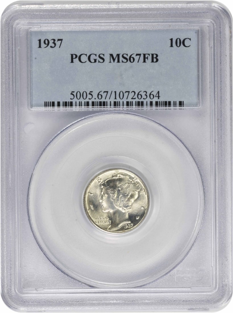 1937-P Mercury Dime MS67FB PCGS 90% Silver Uncirculated: 1937-P Mercury Dime MS67FB PCGS 90% Silver Uncirculated This 1937-P Mercury Silver Dime is a stunning example of numismatic artistry, certified by PCGS with a remarkable grade of MS67FB. Struck in Phi