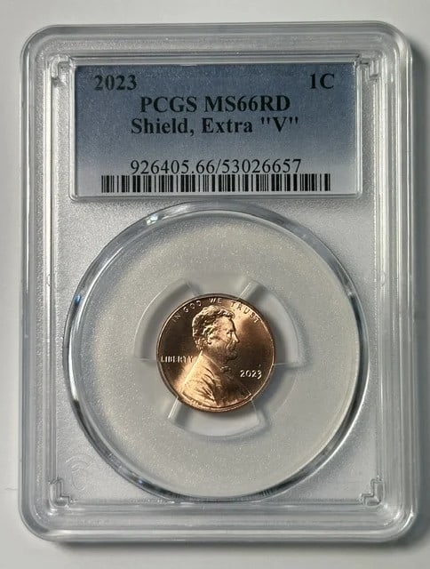 PCGS MS-66 RD 2023 Lincoln Shield Cent Extra V: PCGS MS-66 RD 2023 Lincoln Shield Cent Extra V 2023 Lincoln Bicentennial penny, graded PCGS MS-66 RD. The coin is a 2023 U.S. copper cent with the Extra "V" variety and is offered in pre-owned conditi