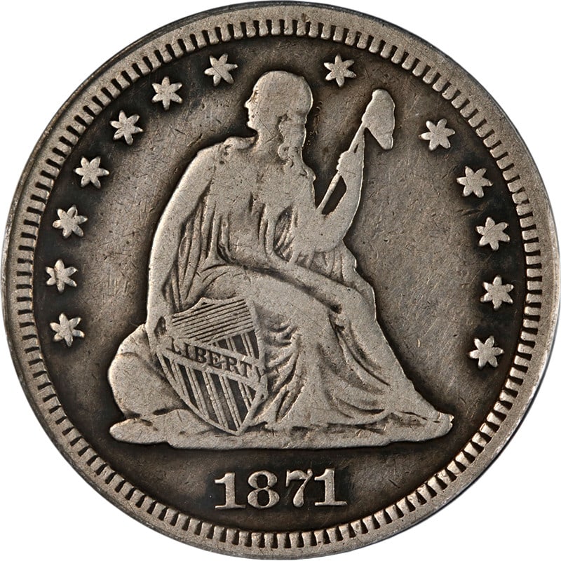 San Francisco Mint 1871 Seated Liberty Quarter ANACS F15 Details Silver Key Date: San Francisco Mint 1871 Seated Liberty Quarter ANACS F15 Details Silver Key Date This 1871-S Seated Liberty Quarter is a rare key date coin that showcases great eye appeal and a nice strike. It has be