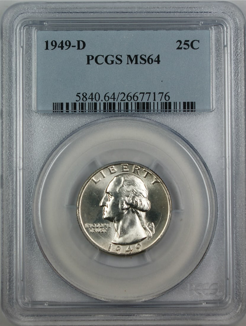 PCGS MS-64 1949-D Silver Washington Quarter With Obverse Die Break: PCGS MS-64 1949-D Silver Washington Quarter With Obverse Die Break This 1949-D Silver Washington Quarter is graded MS-64 by PCGS and originates from the Denver Mint. The coin features an interesting d