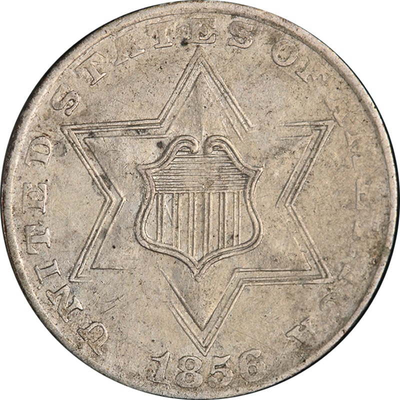 1856 Three Cent Silver Coin AU Grade Nice Eye Appeal: 1856 Three Cent Silver Coin AU Grade Nice Eye Appeal This 1856 Three (3) Cent Silver coin is a remarkable piece showcasing nice eye appeal, luster, and a well-defined strike. Graded as Nice AU, it fea