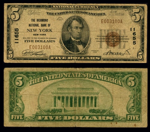 1929 T1 $5 Richmond National Bank Note New York VG Uncertified: 1929 T1 $5 Richmond National Bank Note New York VG Uncertified This is a 1929 Type 1 $5 National Bank Note from the United States, issued by the Richmond National Bank of New York, Charter #11655. The