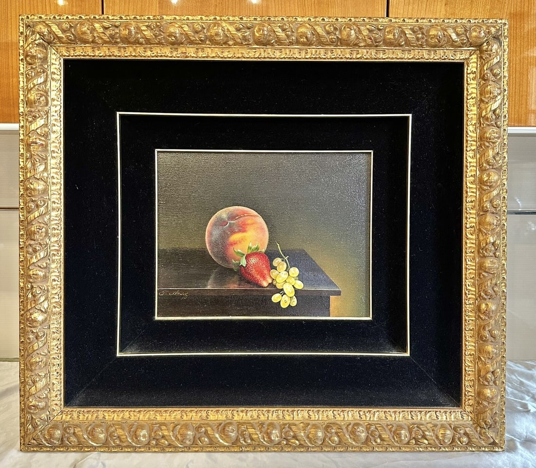 Teimur Amiry Original Oil Painting Fruits on Canvas 28x25 Frame: Teimur Amiry Original Oil Painting Fruits on Canvas 28x25 Frame This stunning original oil painting on canvas by renowned California artist Teimur Amiry features a vibrant arrangement of fruit on a ta