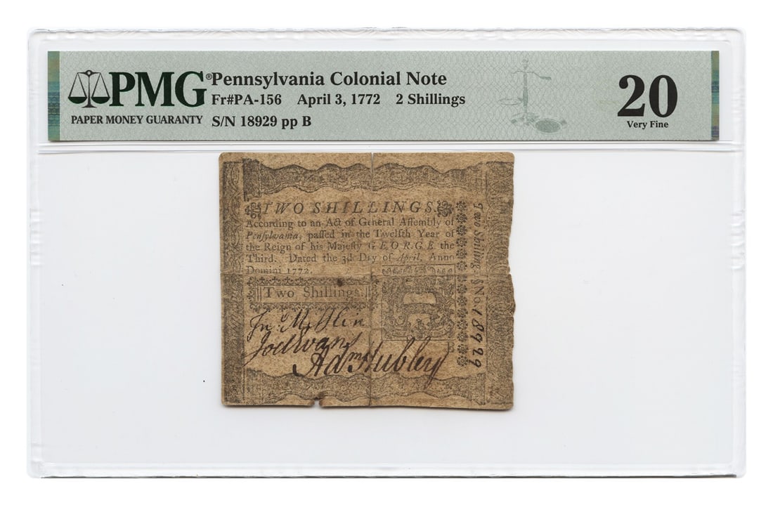 1772 Pennsylvania Colonial 2 Shillings Note PMG VF20 Certified: 1772 Pennsylvania Colonial 2 Shillings Note PMG VF20 Certified This is a Pennsylvania Colonial 2 Shillings note, dated April 3, 1772. Certified by PMG with a grade of VF20, it exhibits signs of circul