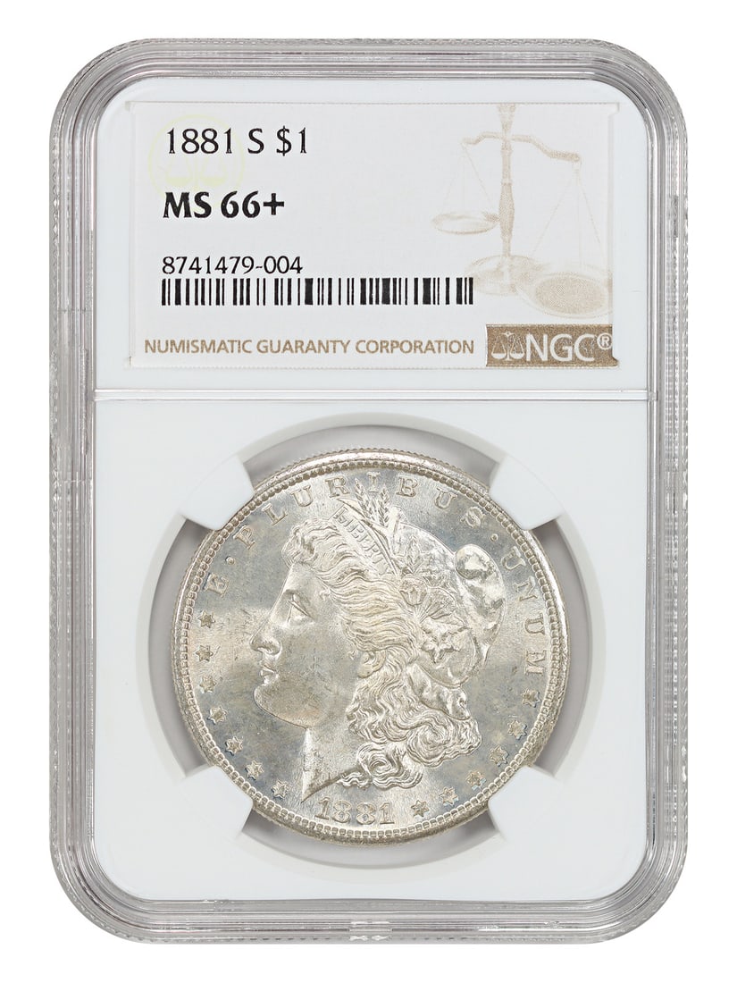 NGC MS66+ 1881-S Morgan Silver Dollar $1 Uncirculated: NGC MS66+ 1881-S Morgan Silver Dollar $1 Uncirculated 1881-S Morgan Dollar $1 certified by NGC with an MS66+ grade. This uncirculated San Francisco issue is identified as a popular collector date and 