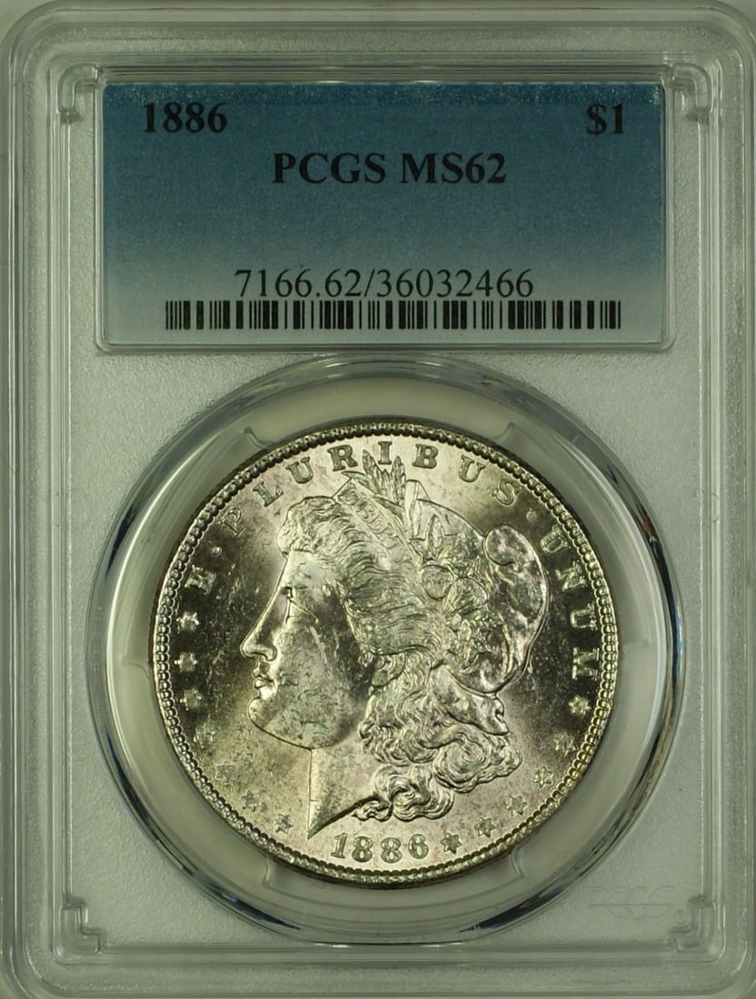 PCGS MS62 1886 Morgan Dollar Silver $1: PCGS MS62 1886 Morgan Dollar Silver $1 This is an 1886 Morgan Silver Dollar with a $1 denomination, certified by PCGS and graded MS-62. The coin was minted in Philadelphia, is composed of silver, and 