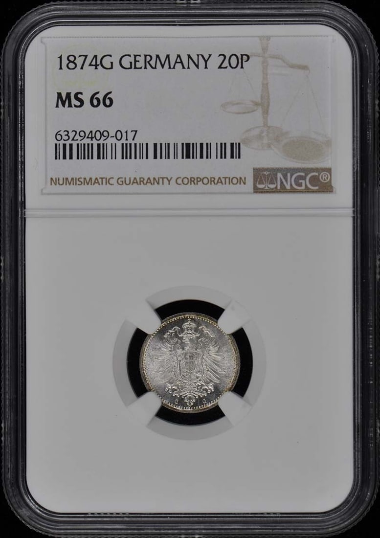 1874G Germany 20 Pfennig Coin NGC MS66 Uncirculated: 1874G Germany 20 Pfennig Coin NGC MS66 Uncirculated This stunning 1874 20 Pfennig coin from Germany is graded MS66 by NGC, affirming its uncirculated condition and exceptional quality. With a certific