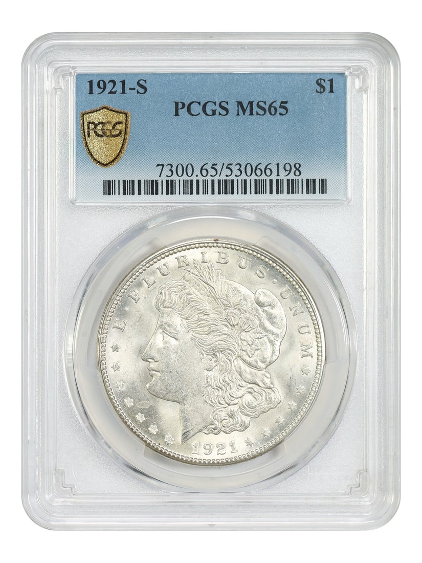 PCGS MS65 1921-S Morgan Dollar $1 San Francisco Mint: PCGS MS65 1921-S Morgan Dollar $1 San Francisco Mint 1921-S Morgan Dollar graded PCGS MS65. This uncirculated $1 coin was minted in San Francisco and represents the final San Francisco Mint issued Mor