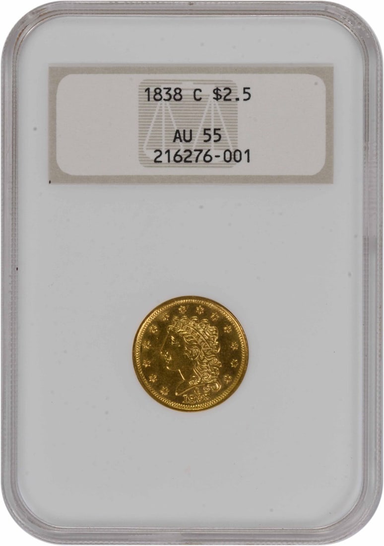 NGC AU55 1838-C Charlotte $2.50 Liberty Head Gold Coin: NGC AU55 1838-C Charlotte $2.50 Liberty Head Gold Coin This 1838-C $2.50 Gold Liberty Head coin is graded AU55 by NGC. Minted in Charlotte, it features a composition of 90% gold and 10% copper, design