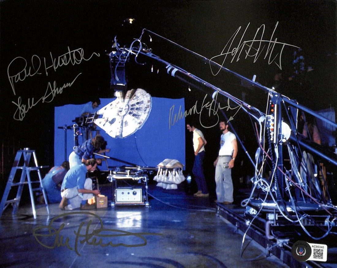Beckett authenticated 8x10 Star Wars ILM Falcon photo signed by 5: Beckett authenticated 8x10 Star Wars ILM Falcon photo signed by 5 This 8x10-inch behind-the-scenes photograph from "Star Wars: A New Hope" features the Industrial Light & Magic (ILM) crew working on t