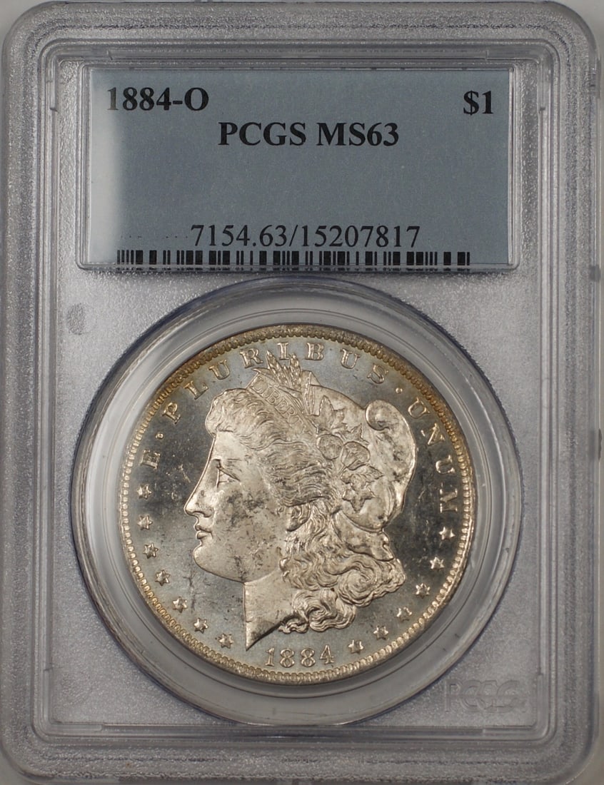 PCGS MS-63 1884-O Morgan Silver Dollar Proof Like New Orleans Mint: PCGS MS-63 1884-O Morgan Silver Dollar Proof Like New Orleans Mint This 1884-O Morgan Silver Dollar is an uncirculated coin graded MS-63 by PCGS. Minted in New Orleans, it features a silver compositio
