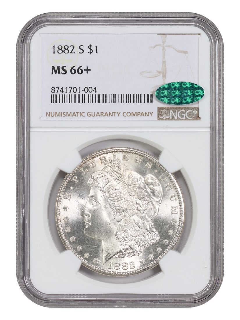 NGC CAC MS66+ 1882-S Morgan Silver Dollar $1: NGC CAC MS66+ 1882-S Morgan Silver Dollar $1 1882-S Morgan Dollar $1 certified by NGC and CAC in MS66+ grade. Minted in San Francisco, this uncirculated coin is noted as a popular type coin and a date