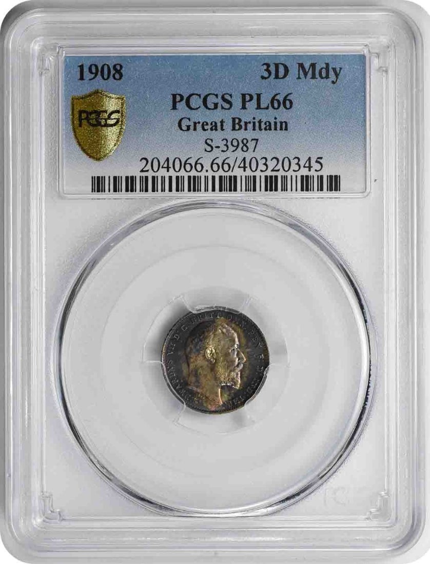 PCGS Certified Silver 1908 Maundy Threepence from United Kingdom: PCGS Certified Silver 1908 Maundy Threepence from United Kingdom This is a 1908 Great Britain 3 Pence Maundy coin, certified by PCGS with a grade of SP66. The coin is composed of silver and comes from