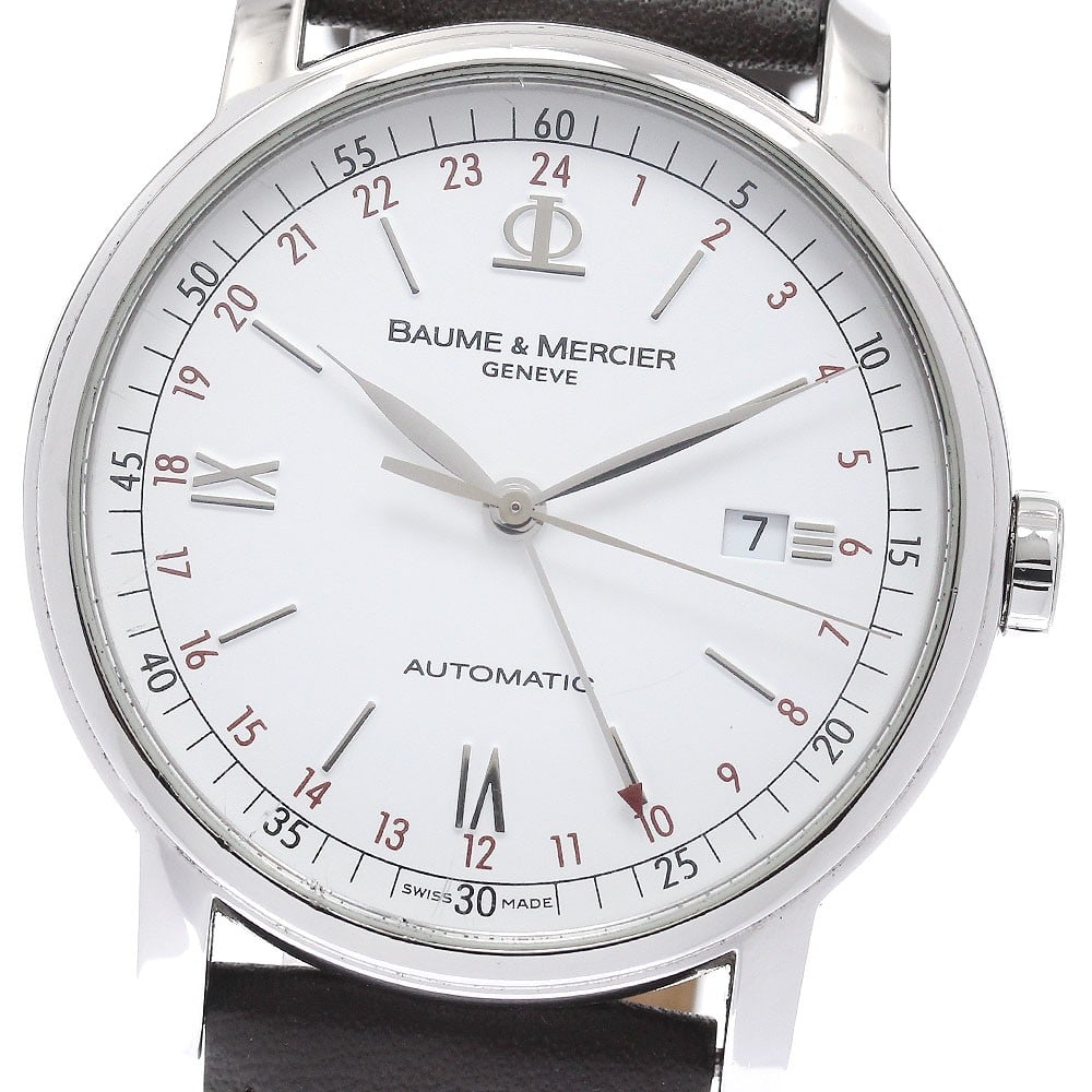 Baume Mercier Classima GMT Date 42mm Men's Automatic Watch: Baume Mercier Classima GMT Date 42mm Men's Automatic Watch This Baume & Mercier Classima GMT Date men's wristwatch features a stainless steel case and a white dial, paired with a leather belt. The wat