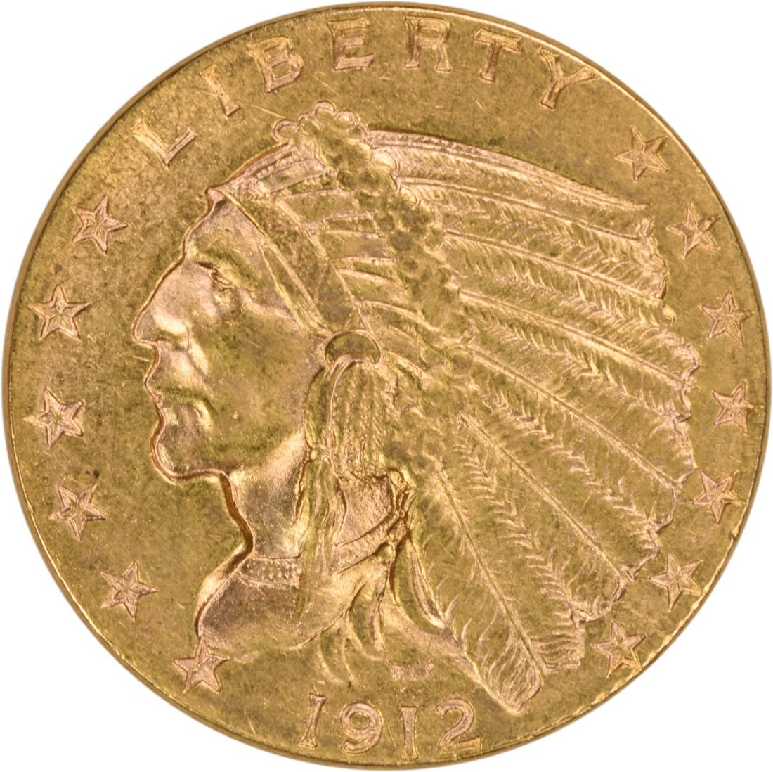 1912 Indian Head $2.50 Gold Coin Philadelphia AU Grade Uncertified: 1912 Indian Head $2.50 Gold Coin Philadelphia AU Grade Uncertified This 1912 $2.50 Gold Indian coin from the United States features the iconic design by Bela Lyon Pratt. Struck at the Philadelphia Min