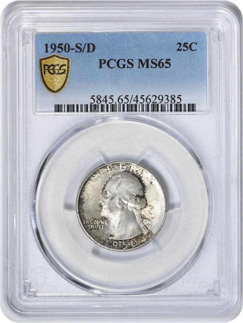 PCGS MS65 1950 S Over D Washington 90% Silver Quarter: PCGS MS65 1950 S Over D Washington 90% Silver Quarter This is a 1950-S/D Washington Quarter, certified MS65 by PCGS. Struck at the San Francisco Mint, this uncirculated coin features a composition of 