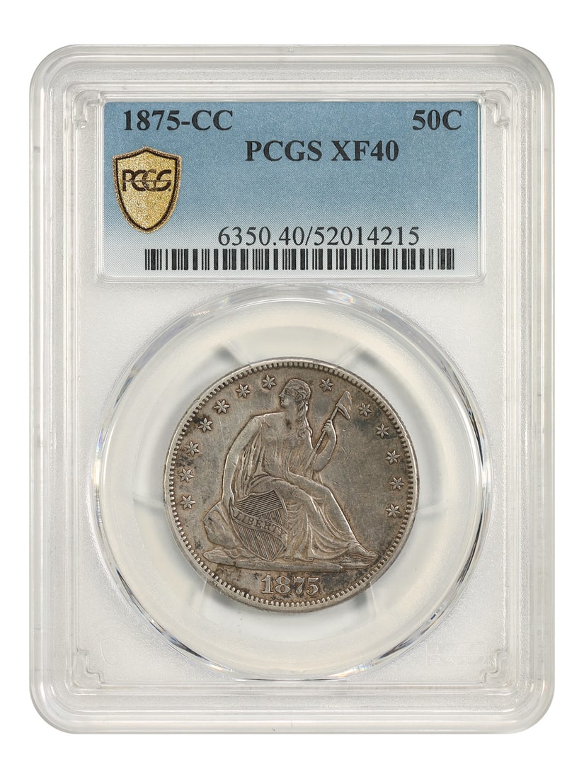 PCGS XF40 1875-CC Liberty Seated 50C Half Dollar: PCGS XF40 1875-CC Liberty Seated 50C Half Dollar 1875-CC Liberty Seated Half Dollar, denomination 50C, struck at the Carson City Mint. Certified by PCGS and graded XF40, this circulated coin is descri