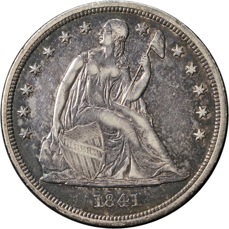 1841 United States Silver Seated Liberty Dollar XF+: 1841 United States Silver Seated Liberty Dollar XF+ This 1841 Seated Liberty Dollar is a circulated silver coin from the United States, graded Choice XF+ (Extremely Fine Plus). It features strong eye 