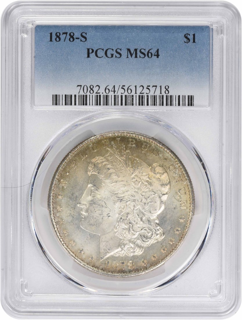 PCGS MS64 1878-S Morgan Dollar Toned Silver $1 Coin: PCGS MS64 1878-S Morgan Dollar Toned Silver $1 Coin This 1878-S Morgan Silver Dollar is a stunning example of American coinage, certified by PCGS with a grade of MS64, indicating its uncirculated cond
